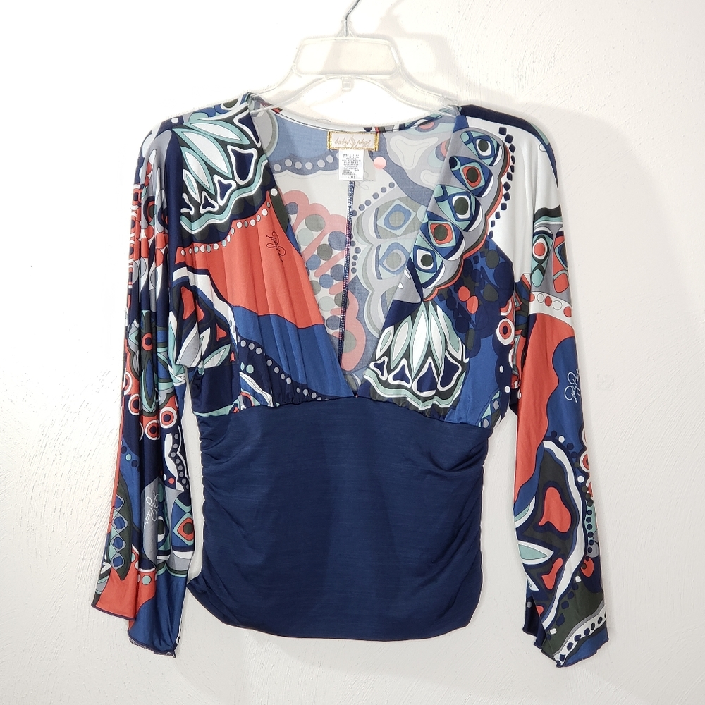 Y2K Baby Phat Vintage Abstract Print Ruched Waist Flare Sleeve Blouse Top